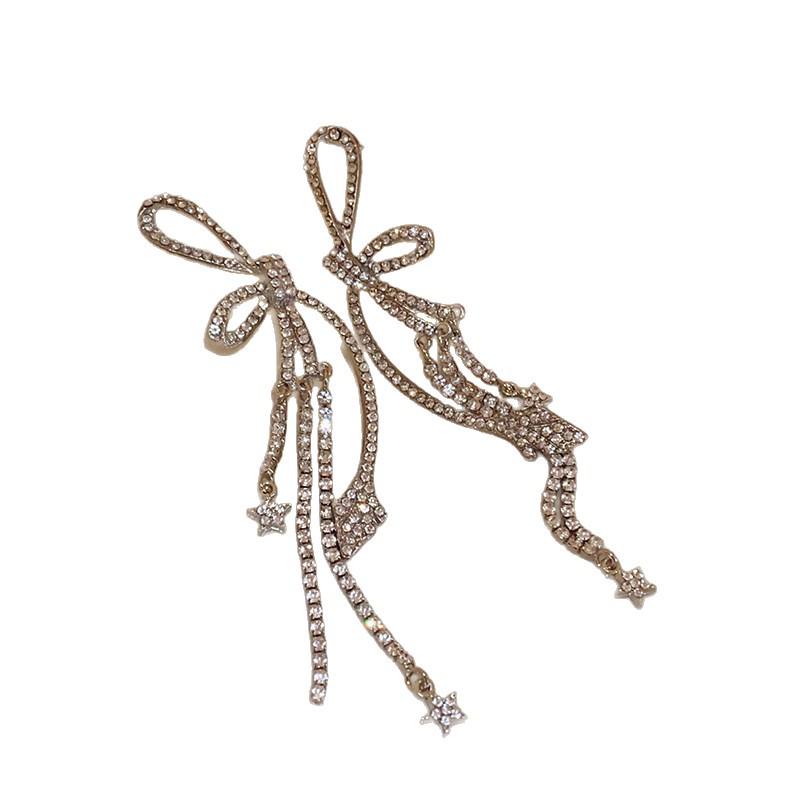 Korean Style Rhinestone Bow & Star Tassel Earrings - Light Luxury, High-End Feel, Fashionable Stud Jewelry