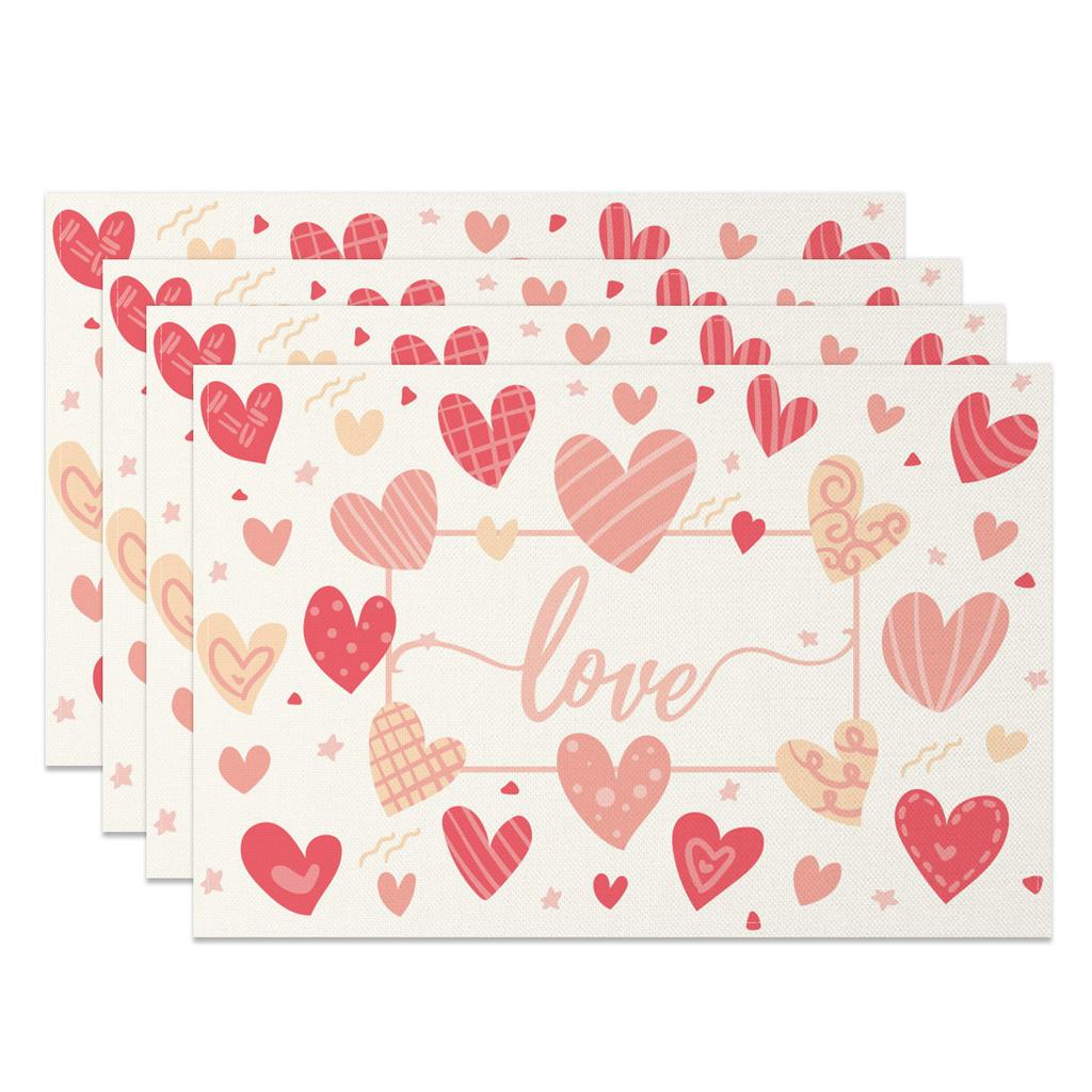 Heart Shape Placemats Romantic Love Pattern 4pc Linen Dining Mats Heat Resistant Valentine's Day Wedding Anniversary Party Decor