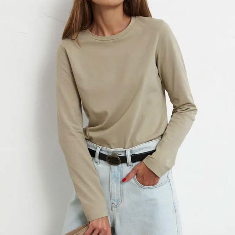 GMXIA Baumwoll-T-Shirt Frühling Damenmode Rest Vielseitiger Pendlerpullover Rundhals Langarm-T-Shirt