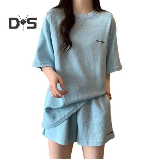 

Женский повседневный комплект из двух частей с шортами, свободные футболки с коротким рукавом, комплекты с шортами на резинке и карманами, летний наряд для отдыха XL небесно-голубой