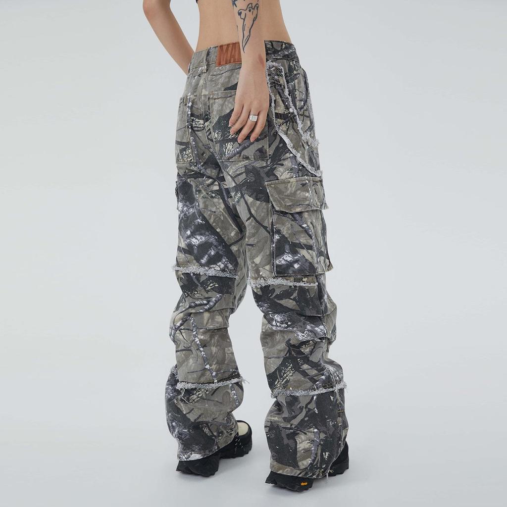 2023 Amerykańskie Jeansy Hip-Hop z Surowym Brzegiem: Spodnie wielokieszeniowe, proste, z szerokimi nogawkami dla mężczyzn i kobiet