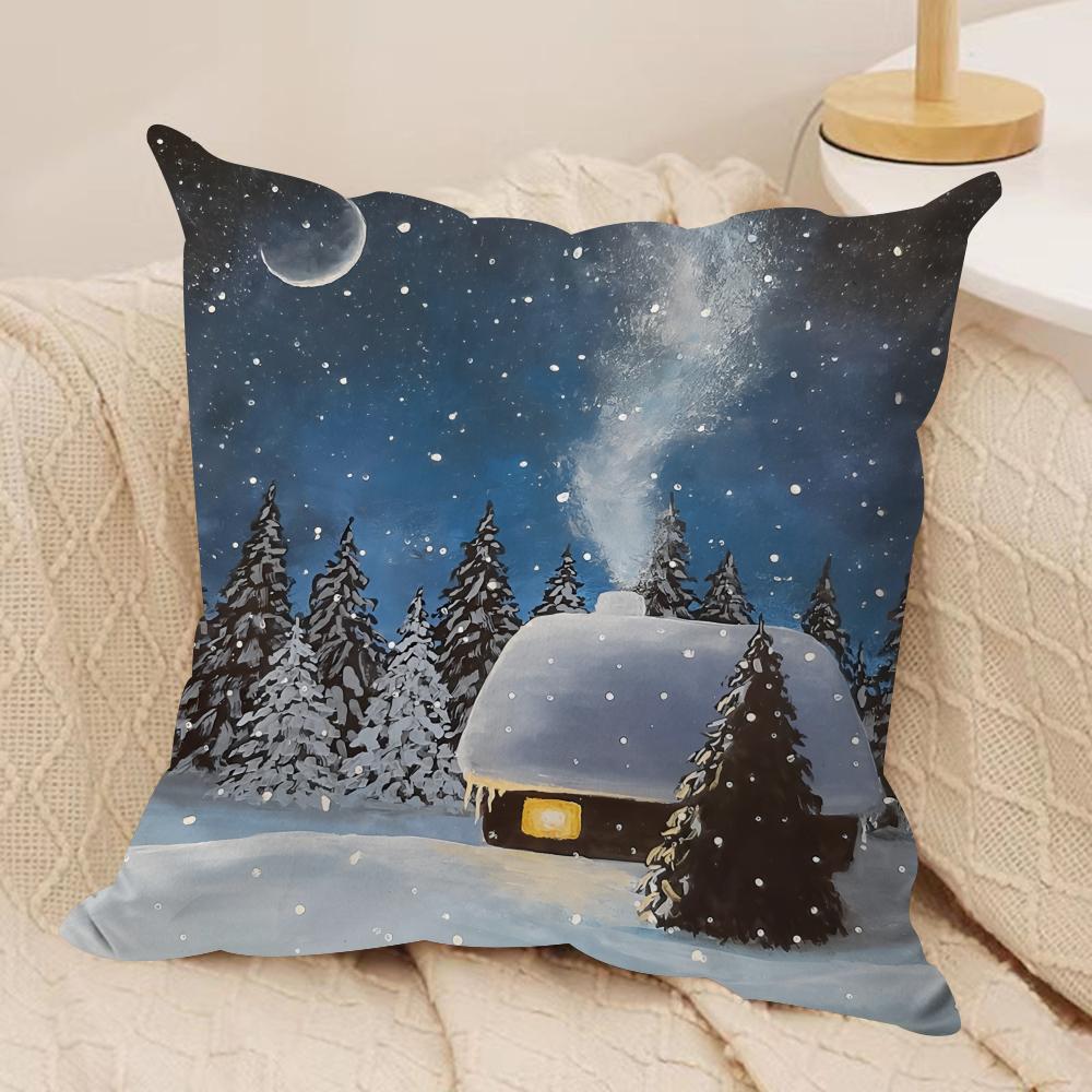Snow Night Art Cushion Cover Silky Short Plush Invisible Zipper Dustproof Sofa Pillow Case For Home Decor