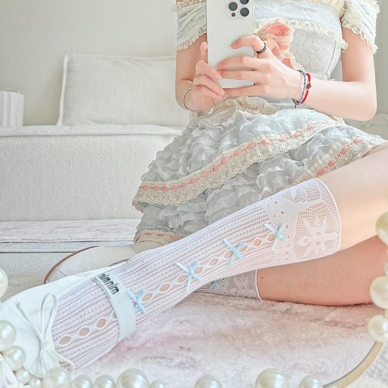 Japanese soft girl sexy pure desire wind calf socks women's spring summer thin hollow mesh cute bow stacking socks