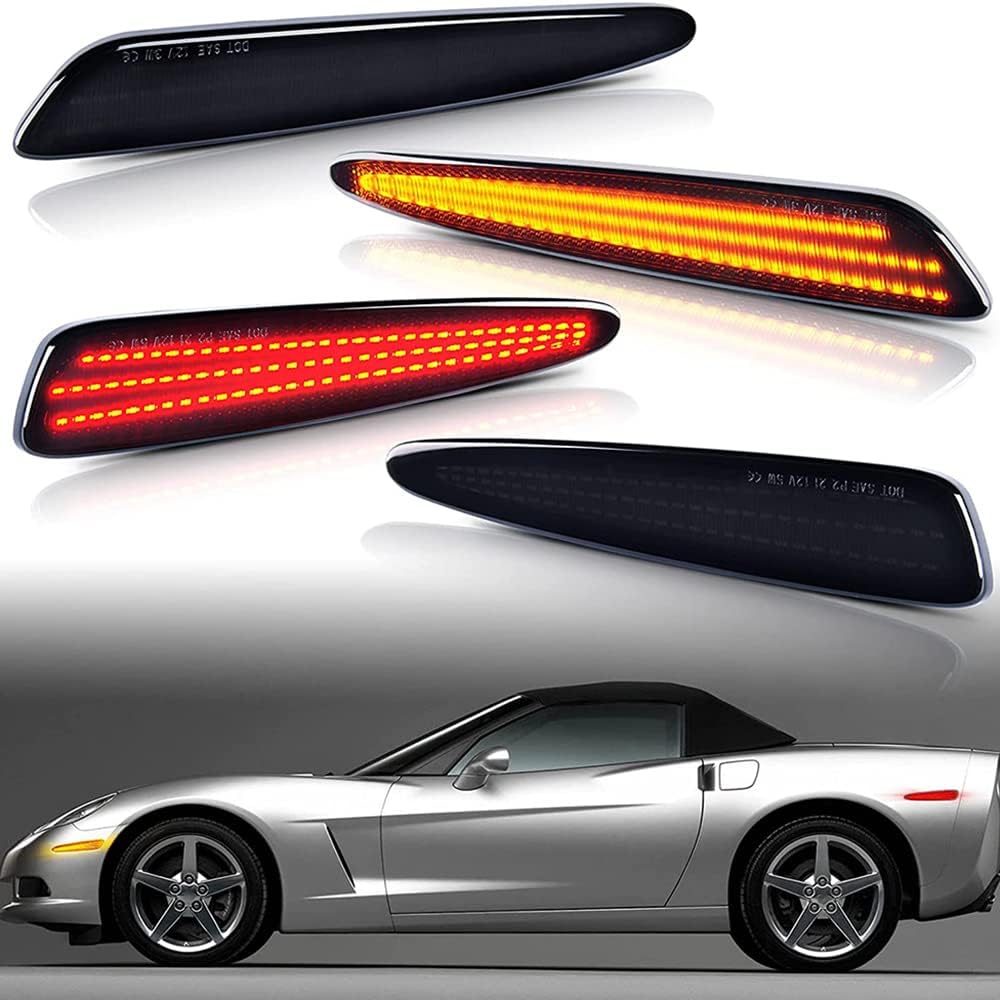 Front Fender Marker Lamps, Red Amber LED Front Bumper Side Marker Lights Smoke Lens, Compatible with Chevy Corvette C6 2005-2013