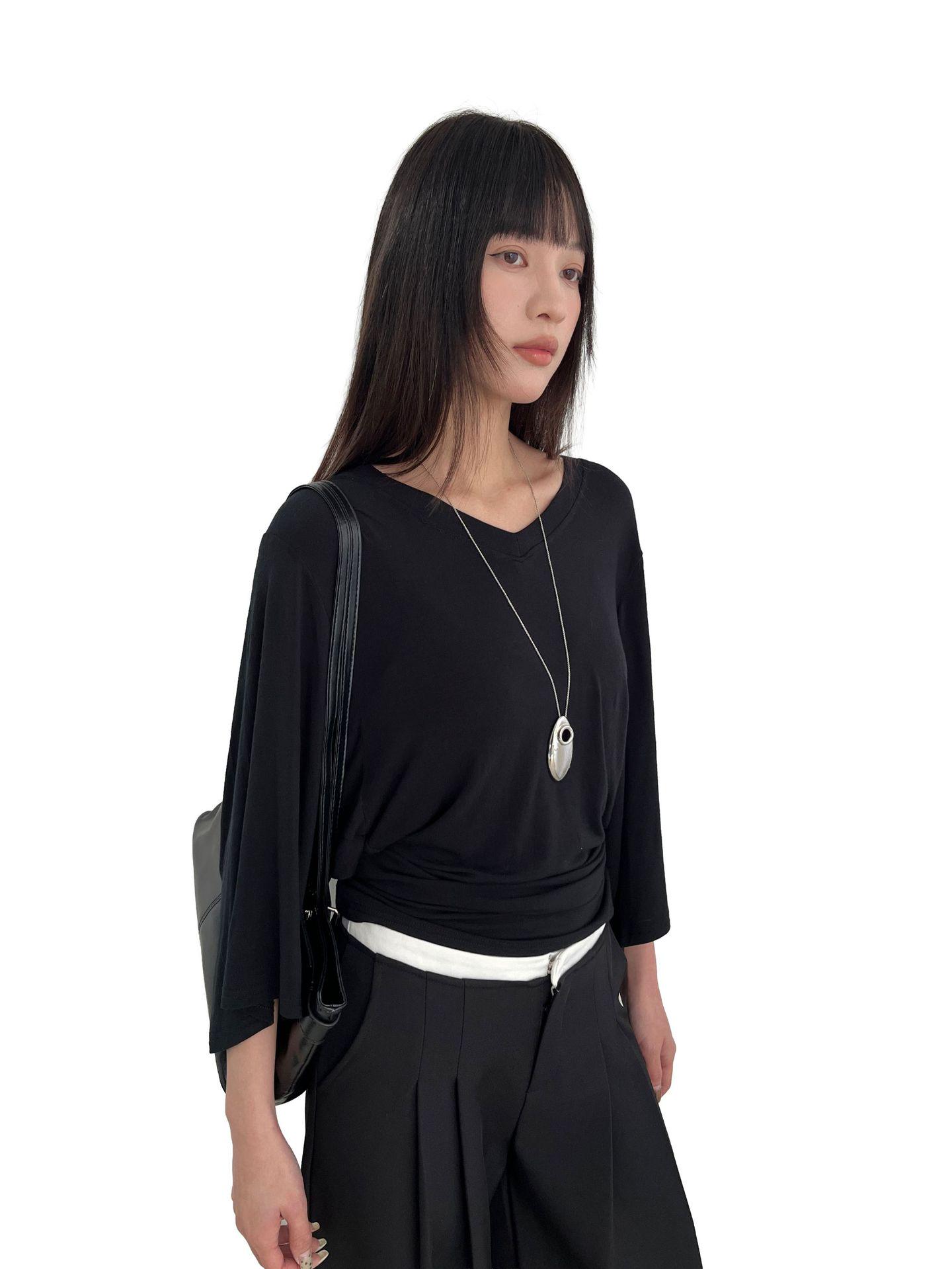 Yuyi Spring 2026 Women s V-Neck Batwing Sleeve Top One Size чёрный