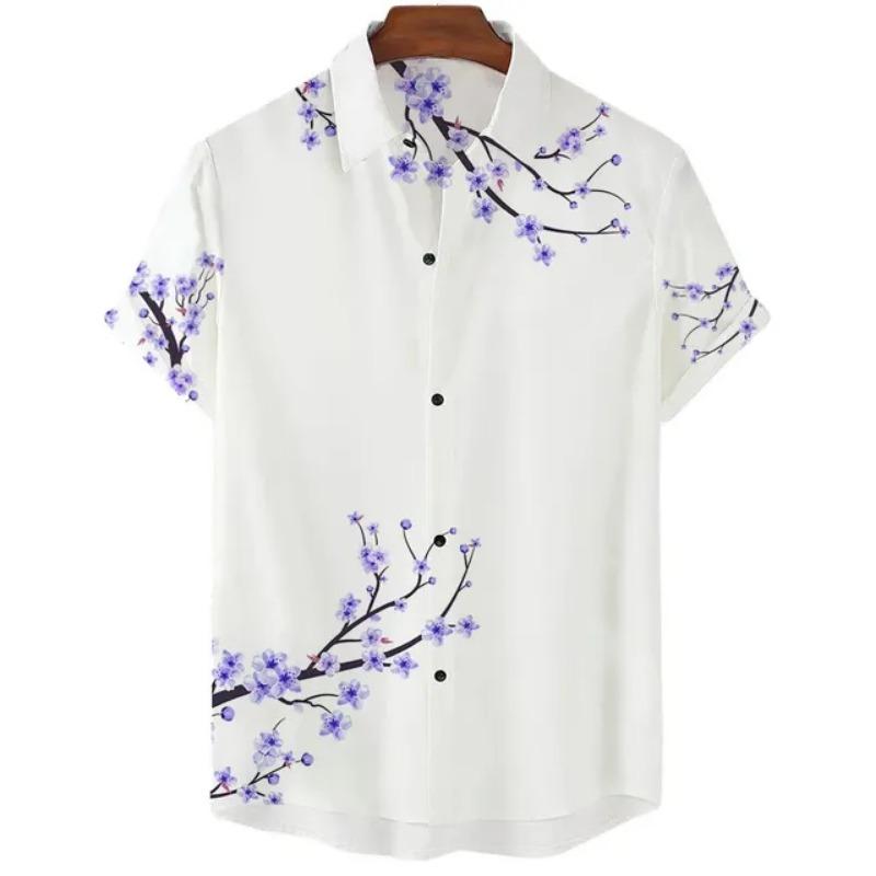Fashionable Luxury Social Men's Shirt Lapel Button-down Shirt Casual Japanese Aesthetic Cherry Blossom Print Short-sleeved Tops