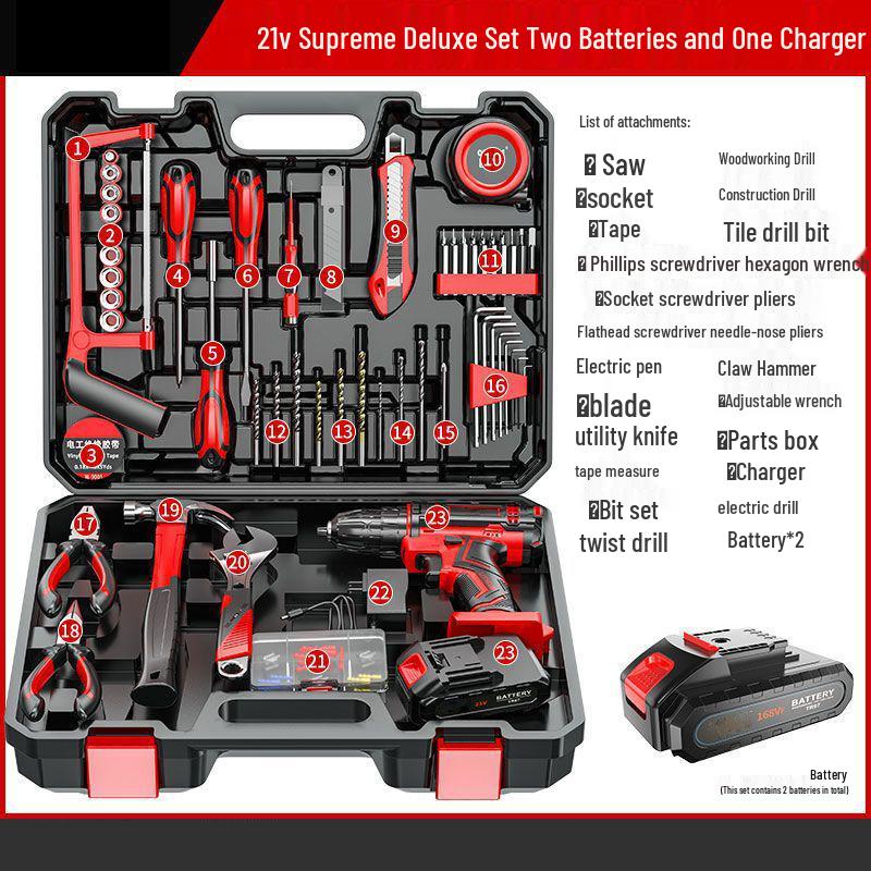 Cordless Lithium Battery Drill Hand Tool Set for Electricians & Carpenters - Multifunctional Repair Kit with Tool Box