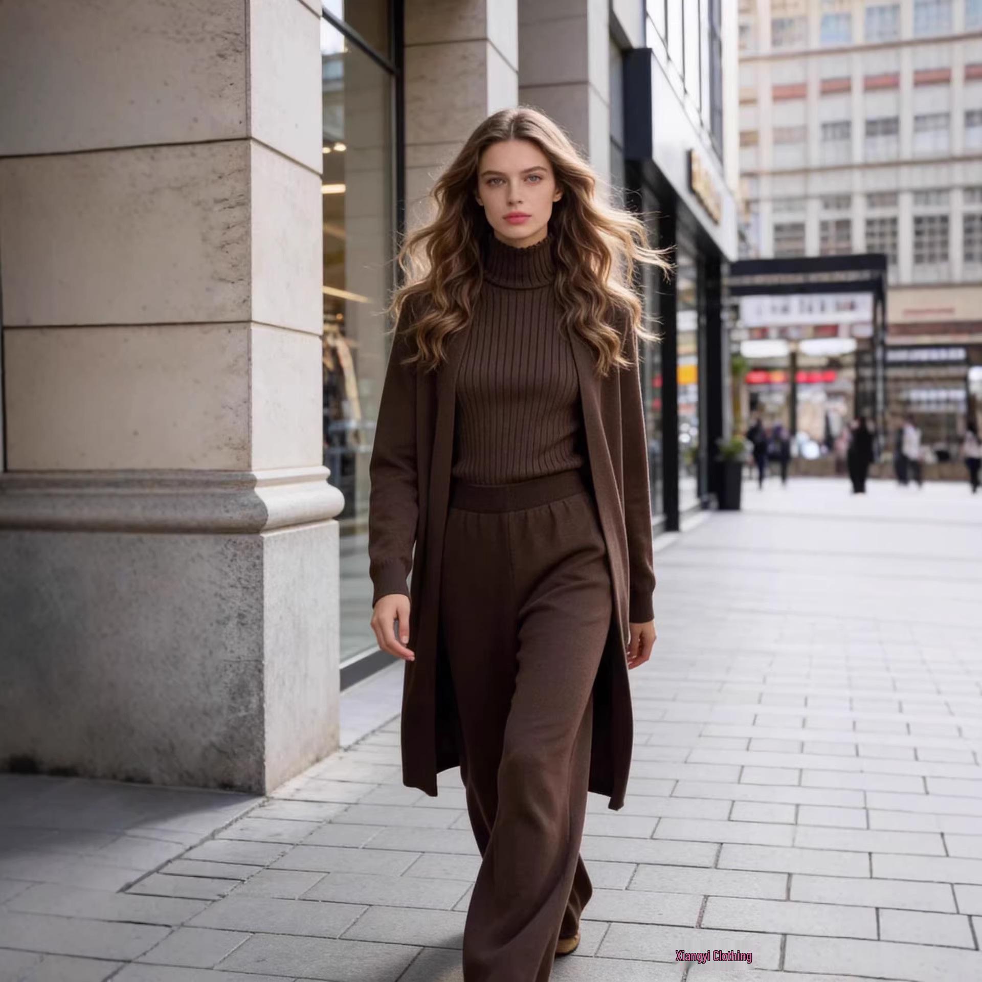 

Women s Chic Solid Color Three-Piece Suit: Shawl Jacket, High-Neck Knit Top, Wide-Leg Pants One Size