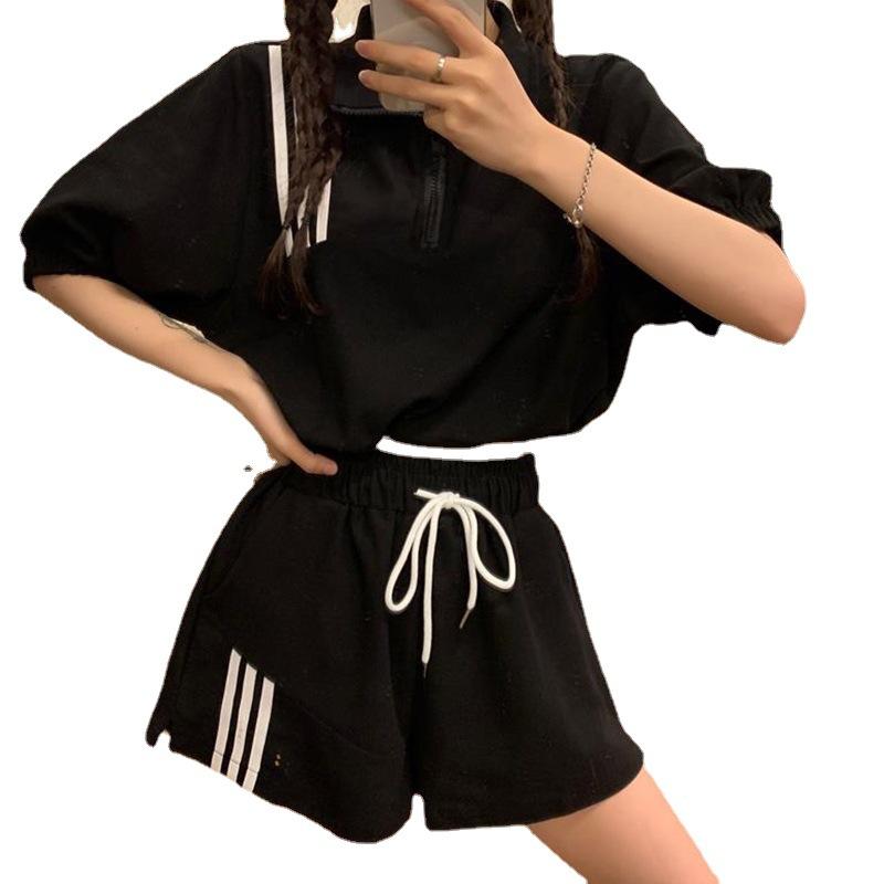 

Спортивный комплект, женский летний корейский комплект с высокой талией, свободный комплект из двух предметов