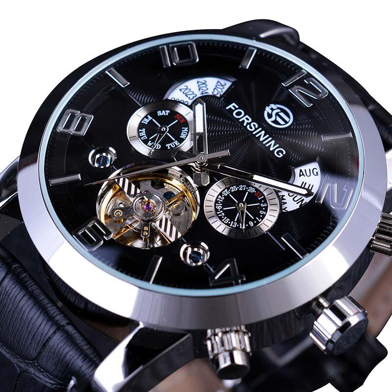 Forsining Herren-Luxus-Tourbillon, automatische mechanische Uhr, Wellendesign, Datumsanzeige, leuchtende Zeiger, wasserdicht, modische Armbanduhr Case Diameter 4.6 cm weiß