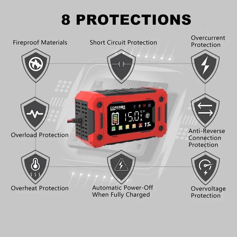 12V 8A 15A Car Charger 14.6V Motorcycle Truck Emergency Jump Starter Digital Display For Lifepo4 Lead Acid AGM GEL Batteries