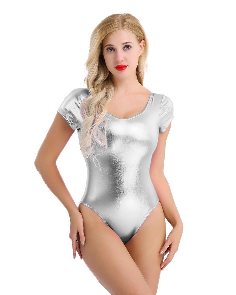Damen Glänzendes Lackleder Einteiler Leotard Bodysuit Tanzbekleidung Bodys Badeanzug