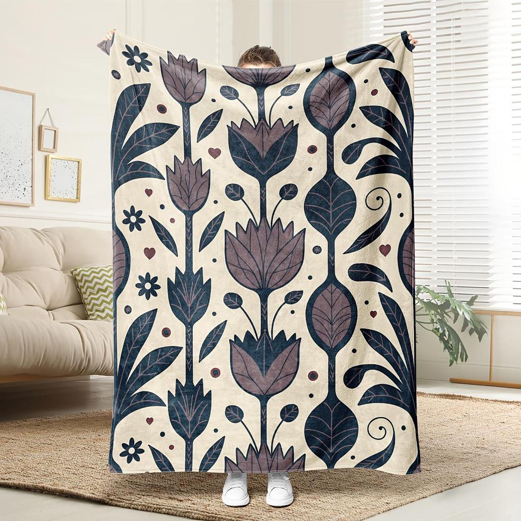 Pc Bohemian Floral Fleece Blanket Beige Brown Navy Blue Golden Bedspread AllSeason Soft Breathable Gsm Luxury Bed