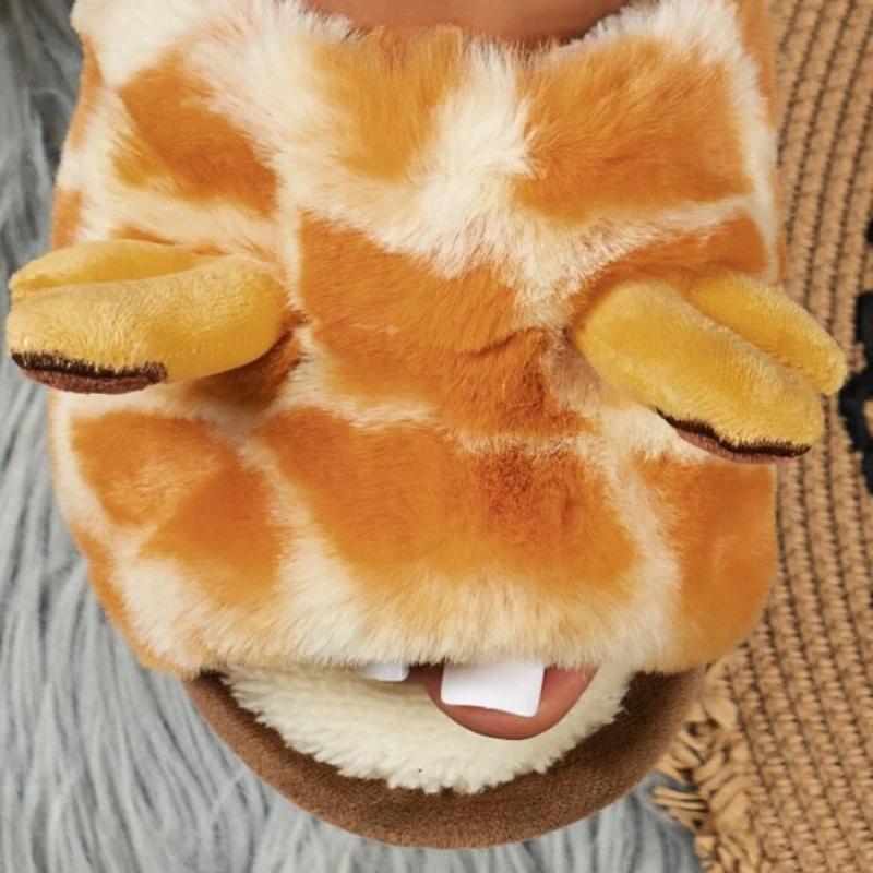 Fashion Winter Women Cute Home Plush Slippers Cartoon Giraffes Warm Faux Fur Lining Fluffy Cozy Flat Non Slip Sole Ladies Shoes