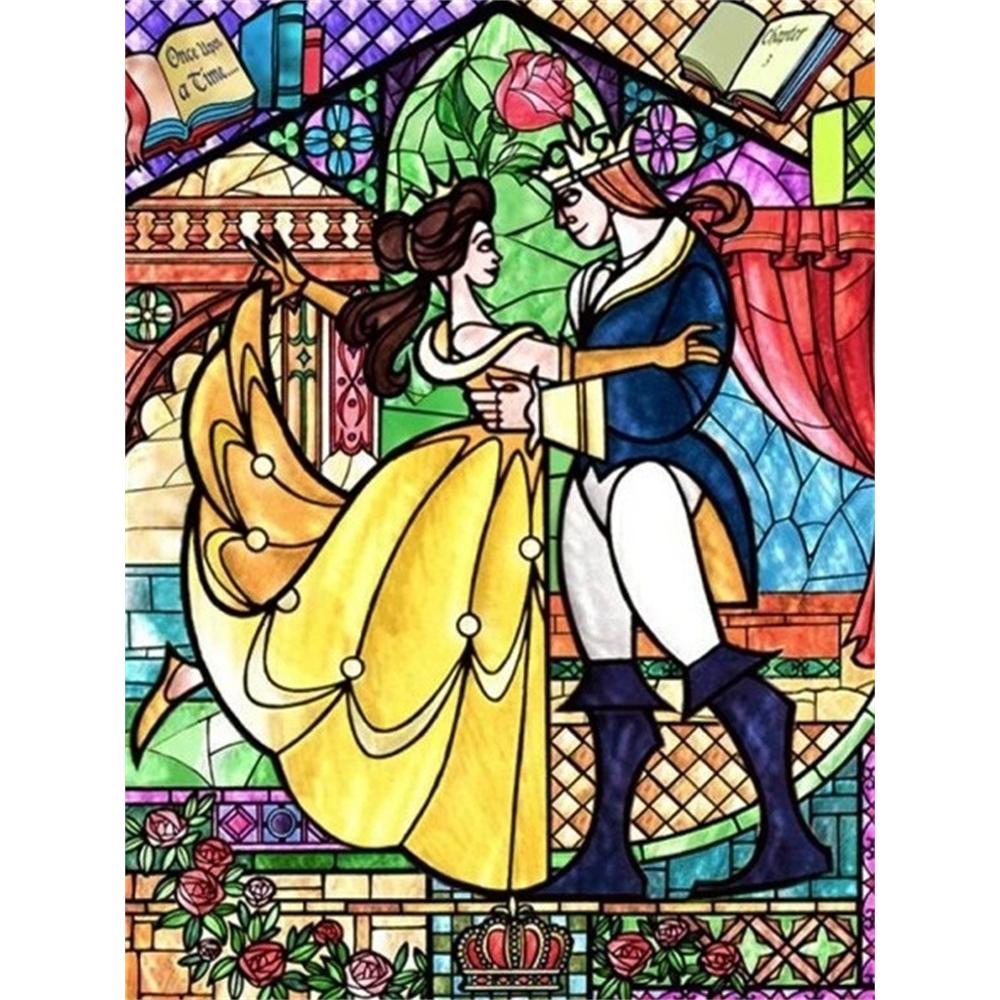 

Disney Diamond Painting Beauty and The Beast Stained Glass Art Painting DIY 5D Mosaic Embroidery Hobby Gift Home Decoration Round 20x30cm