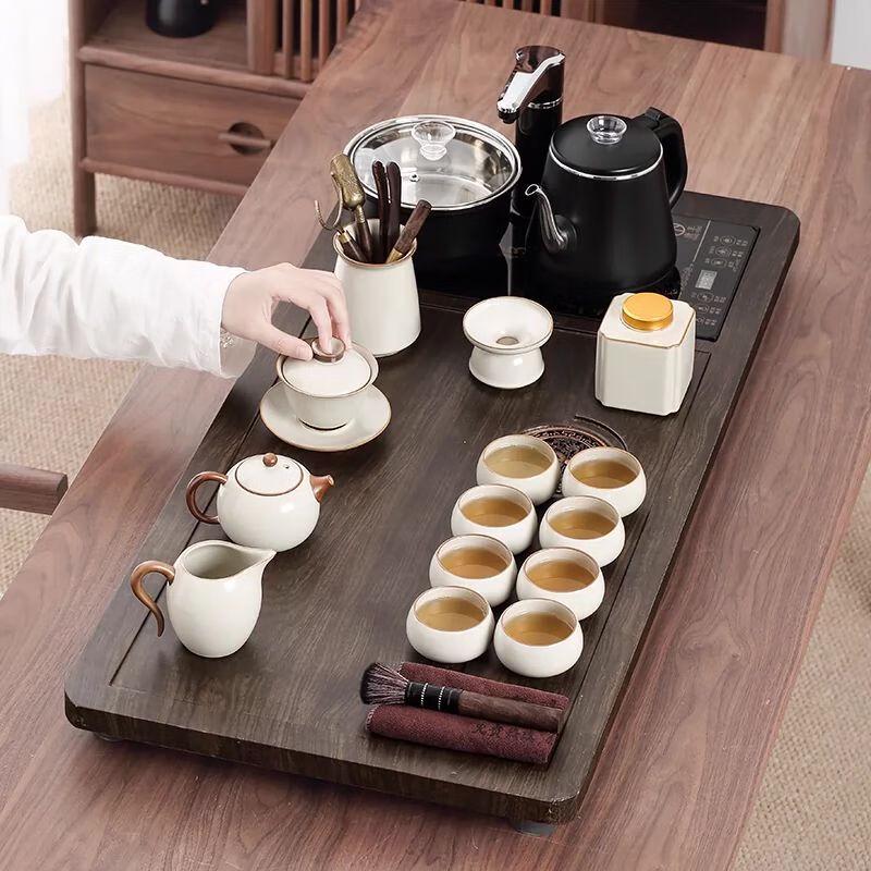 Jiakangming Ru Kiln Ceramic Tea Set with Auto-Heating Kettle & Wooden Tray