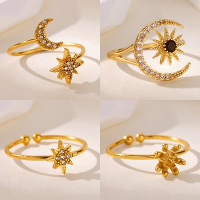 Fashion Zircon Hexagram Ring Female Star Moon Diamond Design Gold Stainless Steel Hand Jewelry