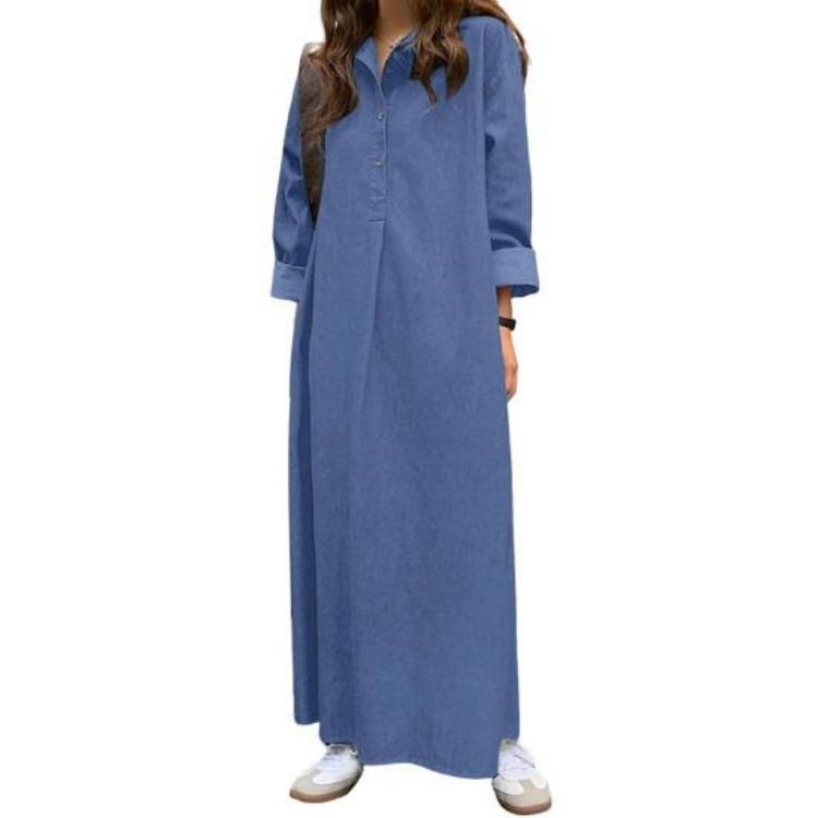 Women Casual Long Denim Shirt Dress Loose Fit Maxi Dress Roll Up Sleeve Button Up Lapel Jean Dress S синий