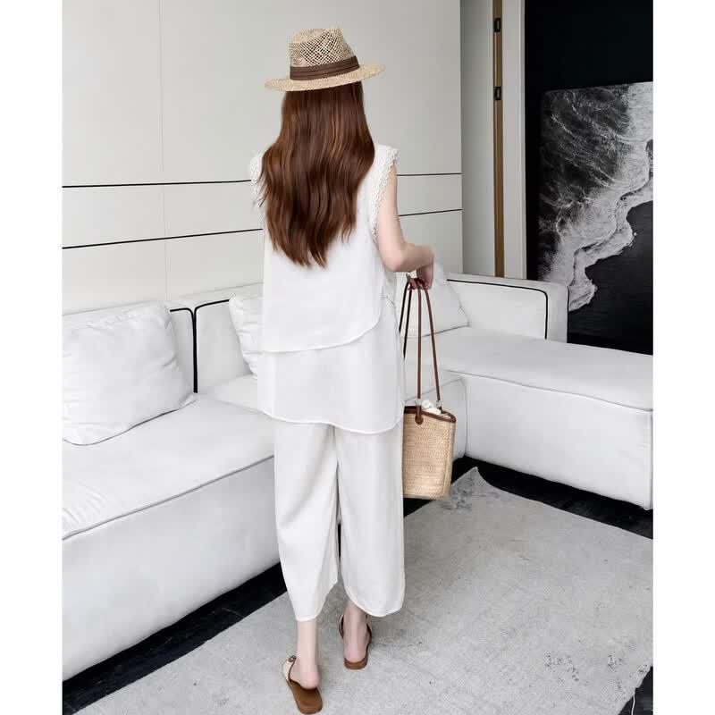 Women's Linen Blend Lace Patchwork Two-Piece Set