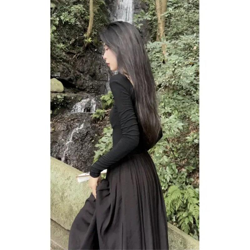 Black U-neck Splicing Long-sleeved Dress for Women's Early Autumn Wear, New French Hepburn Temperament Socialite Dress