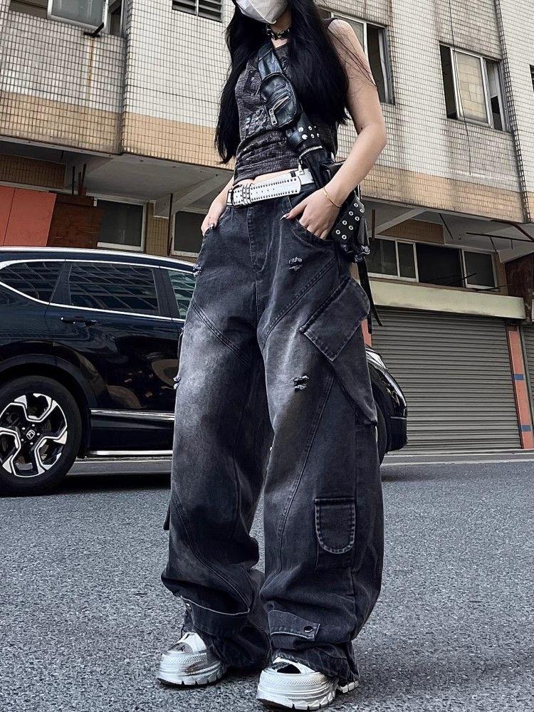 Women's Plus Size American Streetwear Multi-Pocket Wide Leg Cargo Jeans