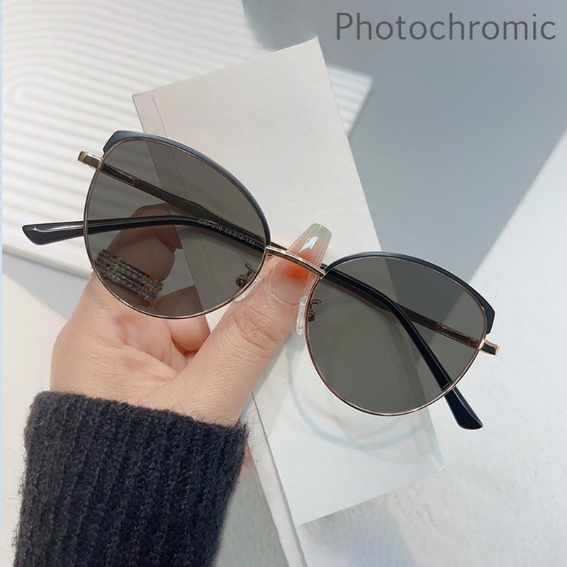 Retro Cat Eye Metal Frame Photochromic Anti Blue Light Reading Glasses for Women 0 To +6 Degrees