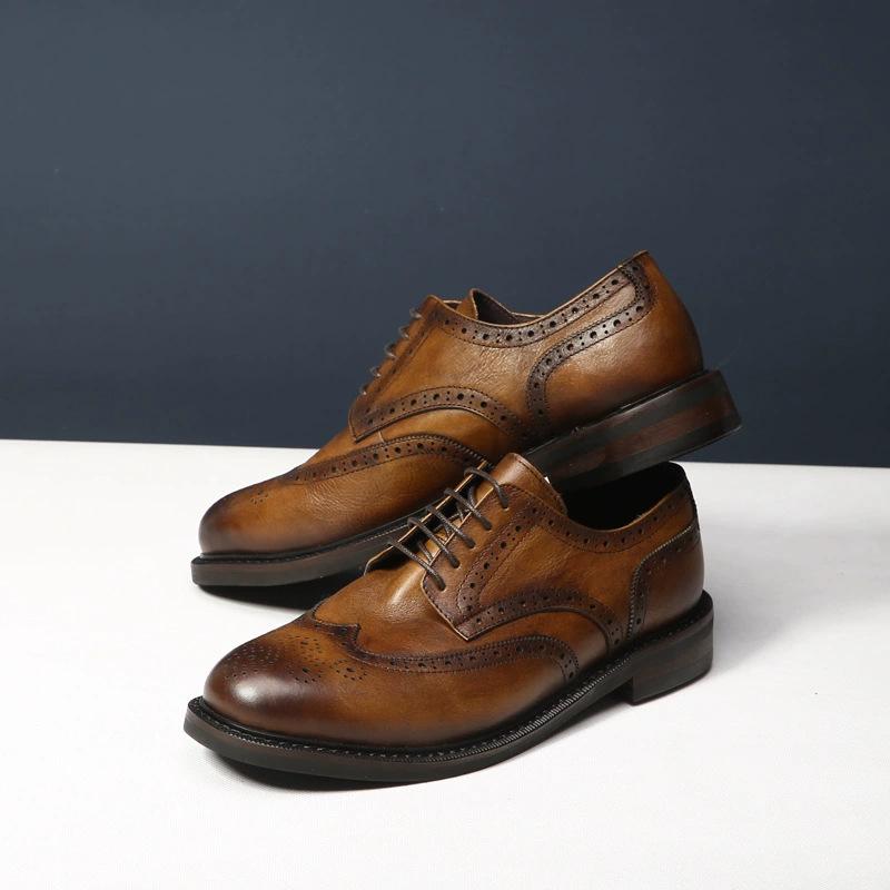 Handmade Carved Genuine Leather Brogue Shoes Men'S Oxfords Classic Round Head Block Heel Lace Up Business Formal Work Shoes Male
