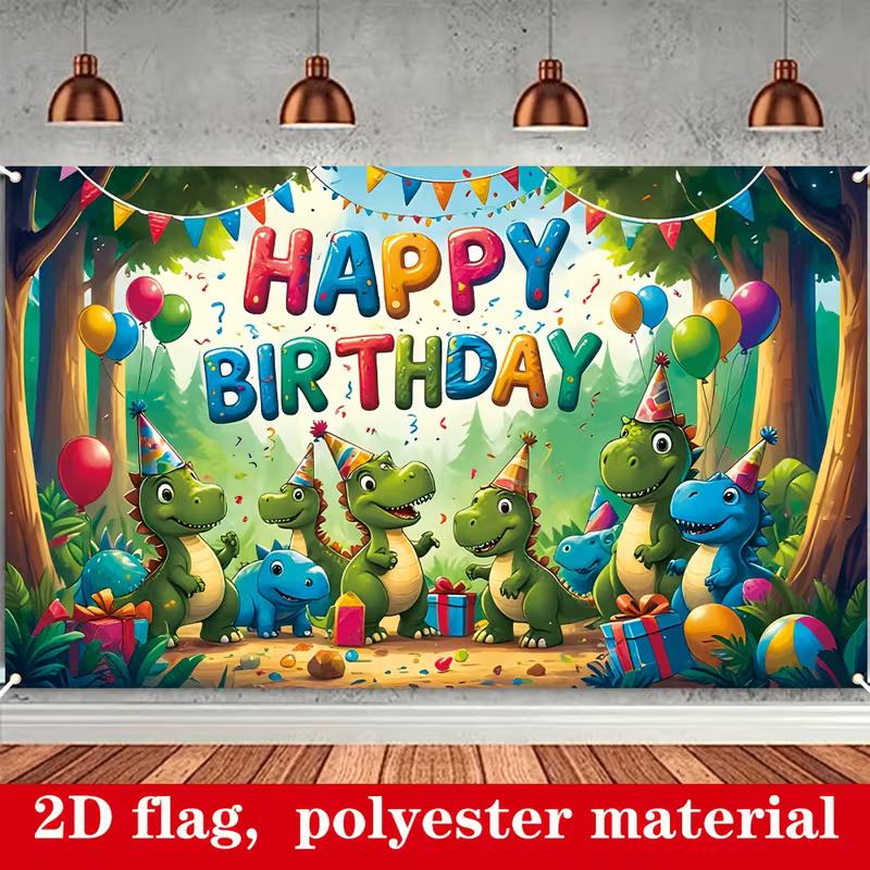 2D Dinosaur Happy Birthday Backdrop with Cartoon Dinosaurs, Gifts & Balloons