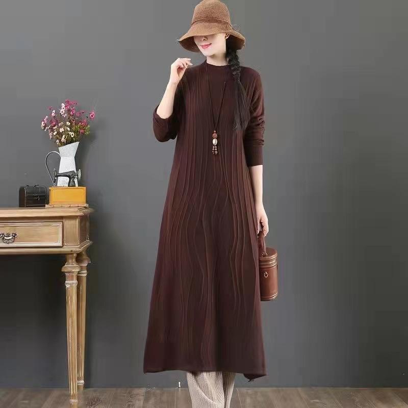 New Autumn and Winter Long Sweater Skirt Women's Loose Belly Cover with Long Sleeves Inside Skirt Knitted Dress
