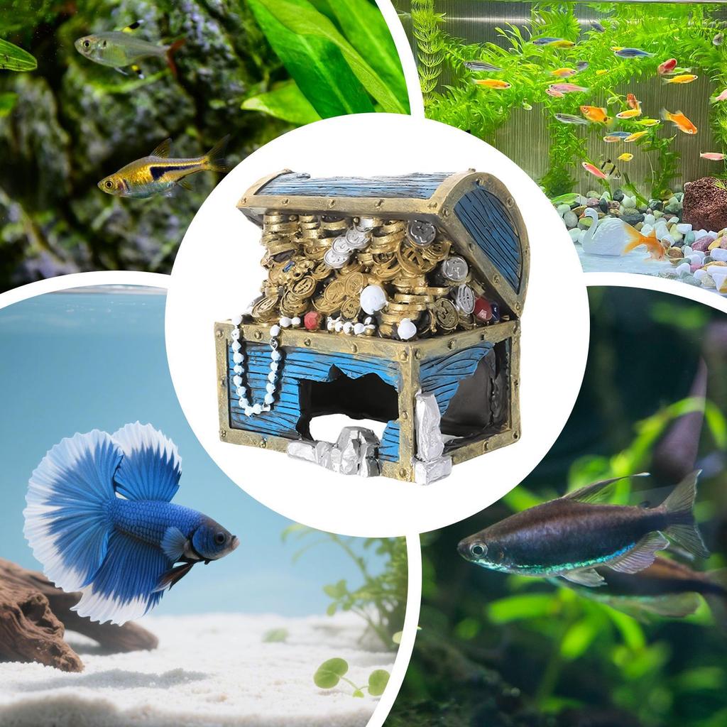 Treasure Box Fish Tank Decor Resin Shrimp Shelter Fish Tank Ornaments for Betta Shrimp Lizard Turtle Reptile Terrarium