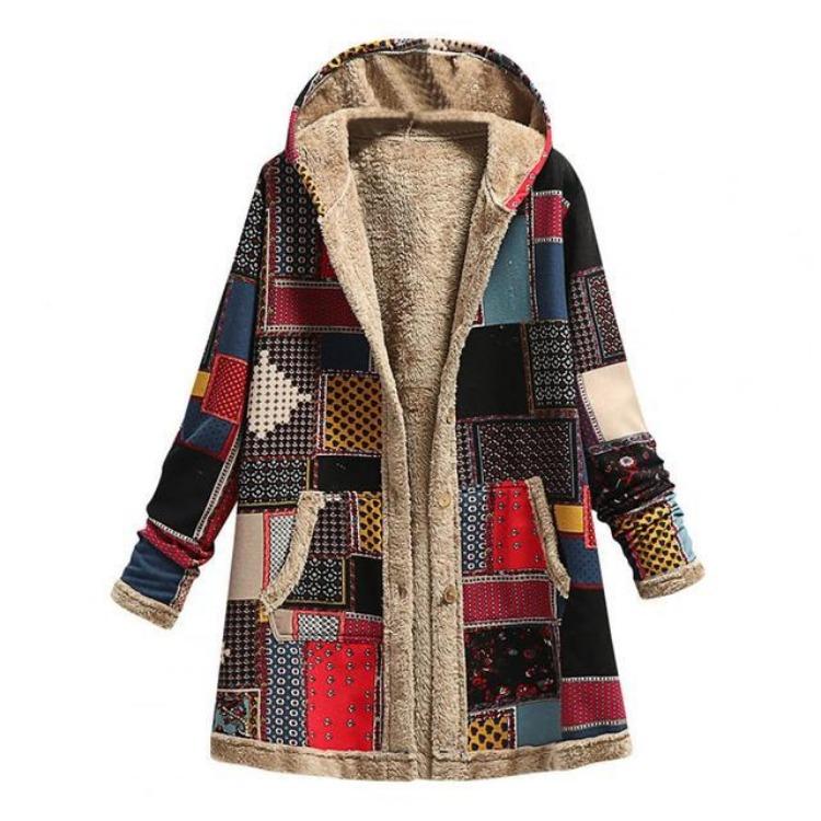 Winter Warm Patchwork Coat Loose Boho Jacket Women Hooded Long Sleeve Outwear Casual Streetwear Fashion Lady Clothes