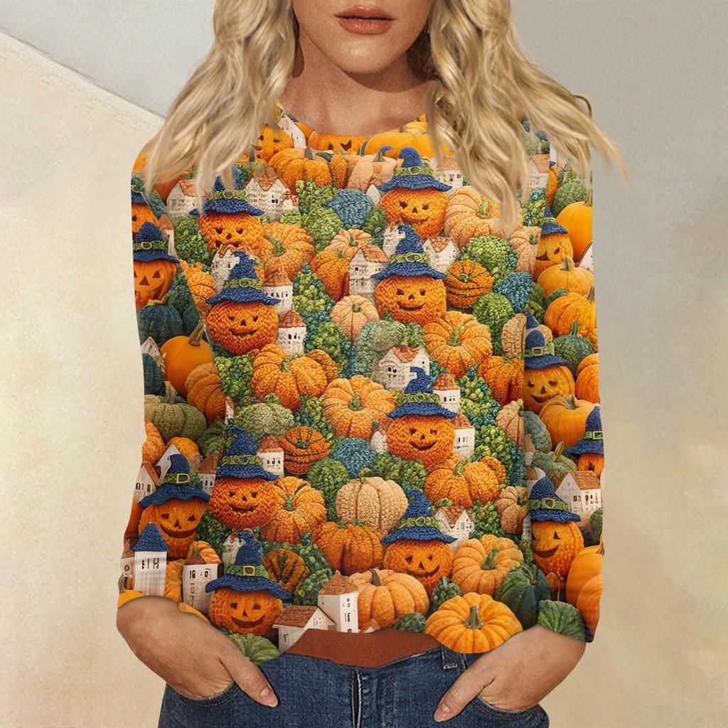 Women's Fashion Casual Halloween Printed Round Neck Long Sleeve Pullover Top