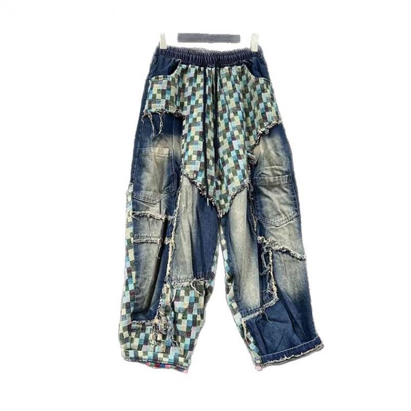 Womens Vintage Print Denim Jacket Baggy Pants Set Streetwear 2-Piece