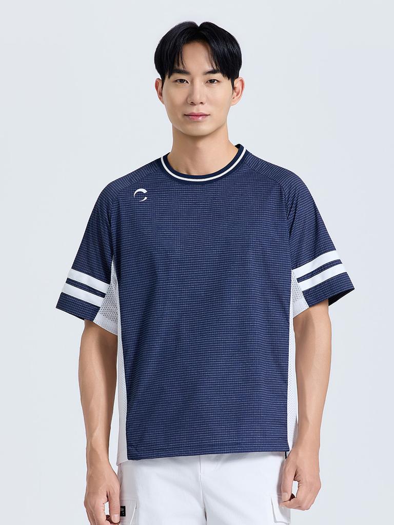 CHALLENGER Men'S Skull Point Color Block Round Short Sleeve Woven Top Navy