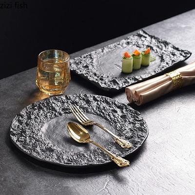 Solid Color Irregular Texture Ceramic Flat Plate Restaurant Steak Plate Dessert Plate Sushi Dish Snack Plate Specialty Tableware