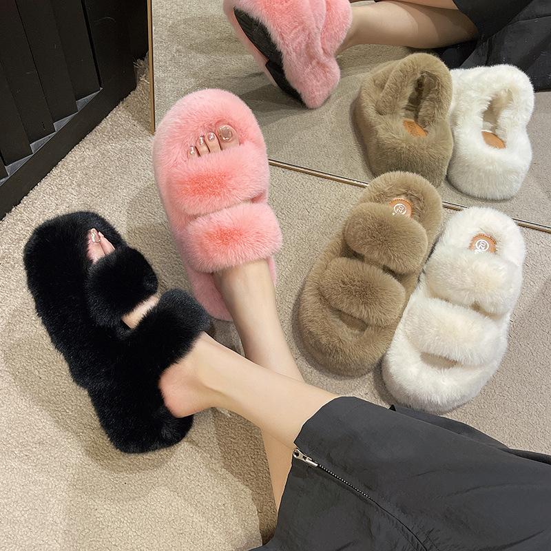 Thick bottom heightening fluffy slippers women's outer wear 2025 new autumn and winter fashion muffin plush one-word cotton mop
