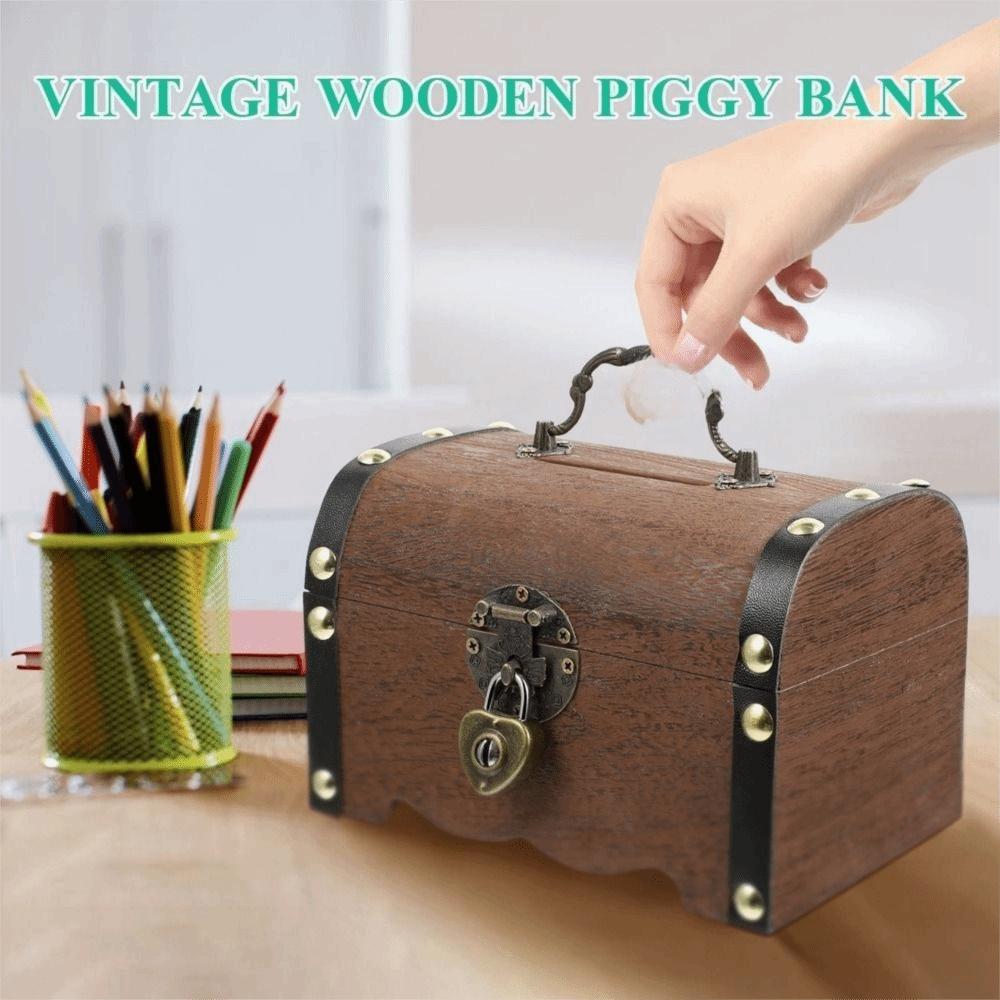 Vintage Wooden Decorative With Lock Creative Treasure Box Coin Boxes Money Saving Box Storage Box