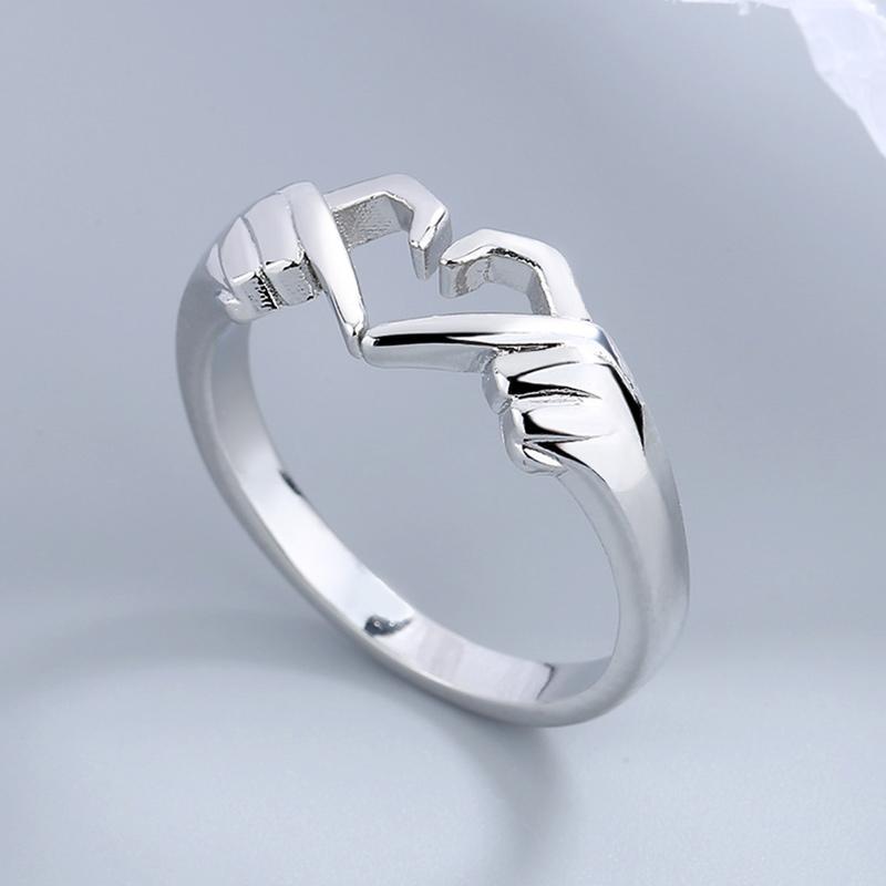 Huitan Simple Trendy Heart Finger Ring Lady Daily Wearable Accessories Metallic Style Jewelry for Women Hands Shape Design Gift