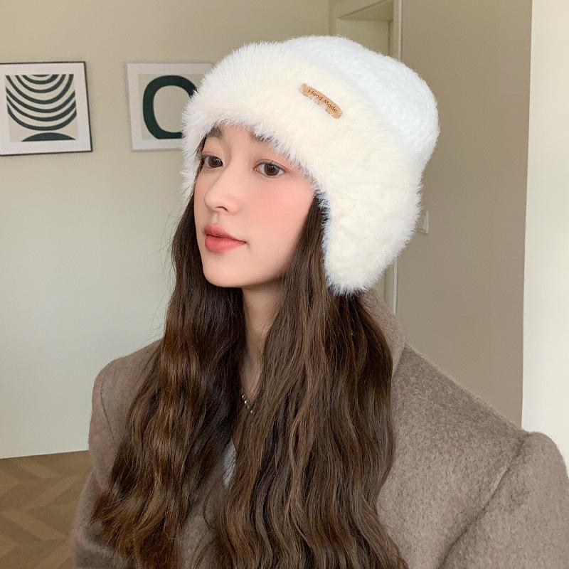 Hat Women'S Big Head Circumference Knitted Wool Hat Winter Warm Thickened Plush Hat Versatile Contrasting Color Ear Protector Cold Hat