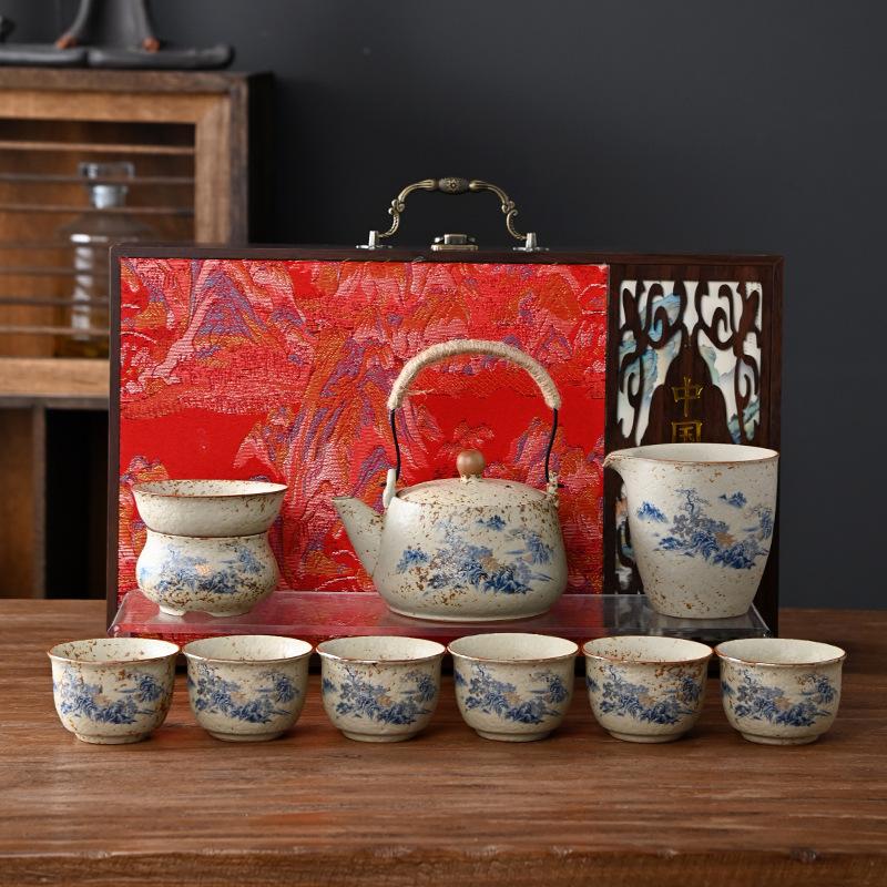 Embroidery gift box, flint red tea set, complete set, teapot, beam pot, teacup gift, souvenir gift