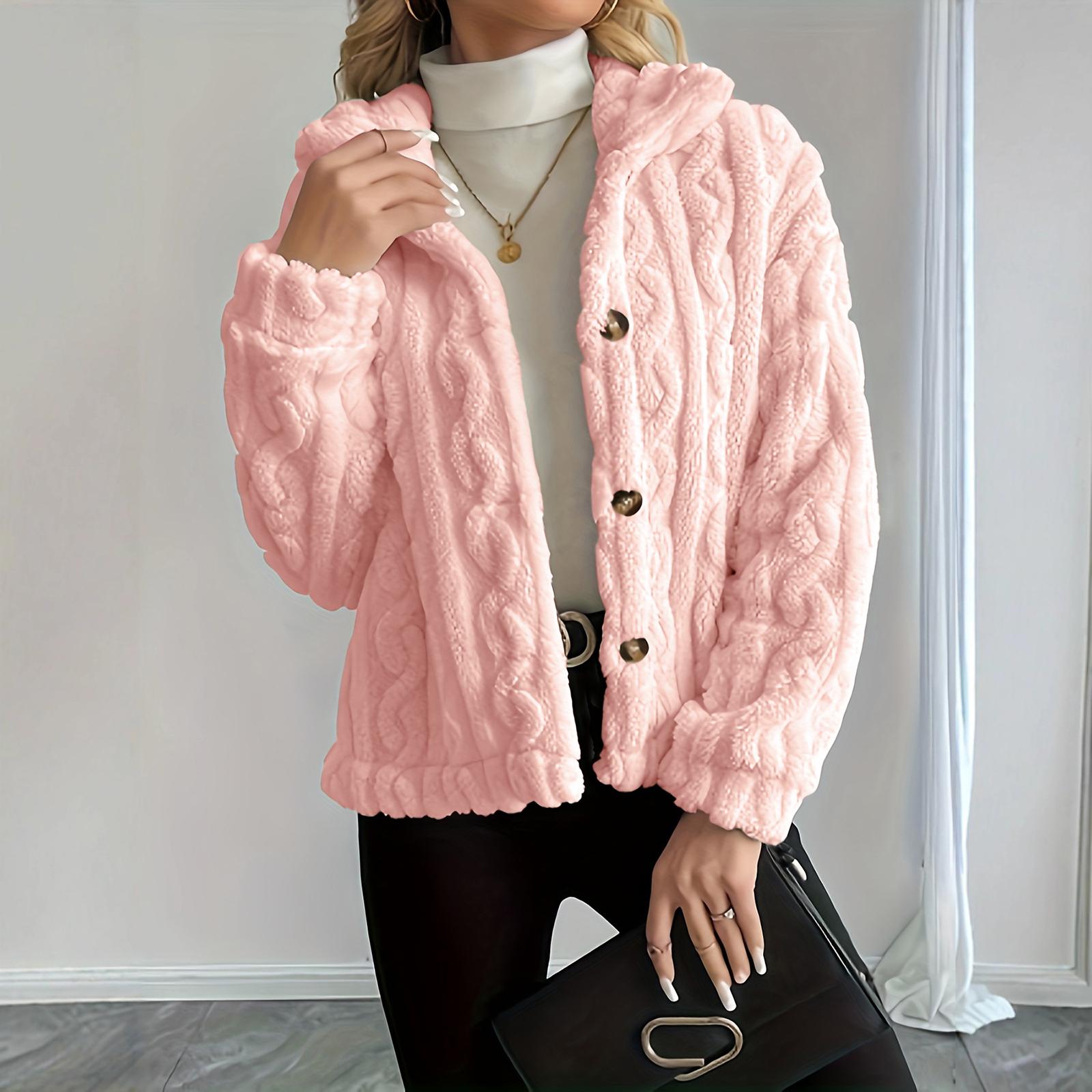 

Women s Fashion Solid Color Collar Button Long Sleeve Plush Warm Women s Jacket Coat S розовый