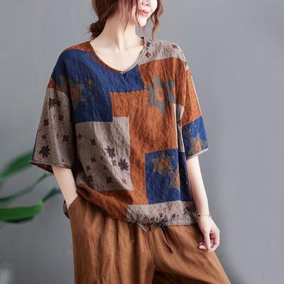 Women  Linen V-neck Drawstring T-shirt Summer Thin Middle-aged Loose Printed Short Sleeve Casual Tops