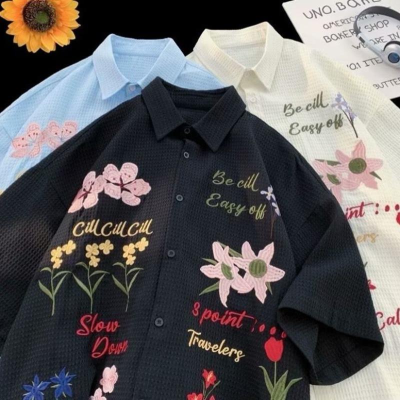 Kolorowa koszula damska z haftem kwiatowym, koszule z krótkim rękawem, luźne casualowe, letni damski oddychający top zapinany na jeden guzik