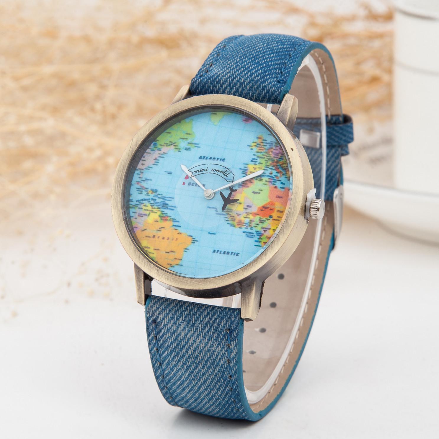 Personalized Airplane Map Pattern Denim Strap Watch for Women