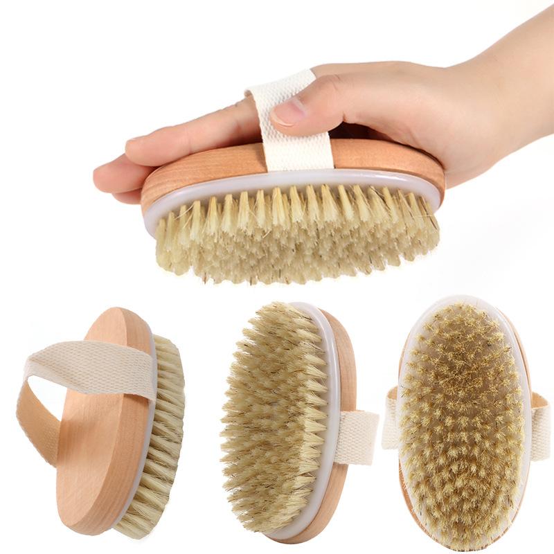 Soft Wood Body Brush Long-Round Bath Brush for Skin Scrubbing Dry Body Brush for Bathroom Use