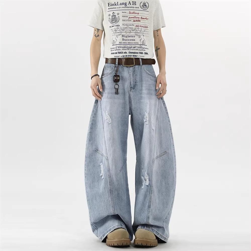 American Baggy Scimitar Jeans Men's Spring and Autumn New Trendy Brand Design Sense Ripped High Street Straight Mopping Trousers