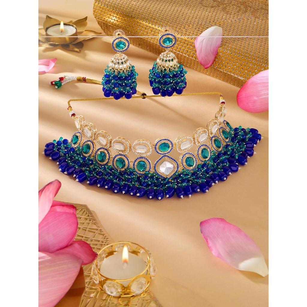 Blue Green Stones Cluster Beads Diamonds Choker Necklace & Earring Set For Women