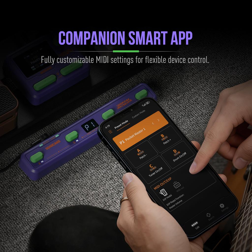 SONICAKE Pocket Control Portable Wireless MIDI Controller 4 Programmable Footswitches, USB Host, Rechargeable Battery Built-in