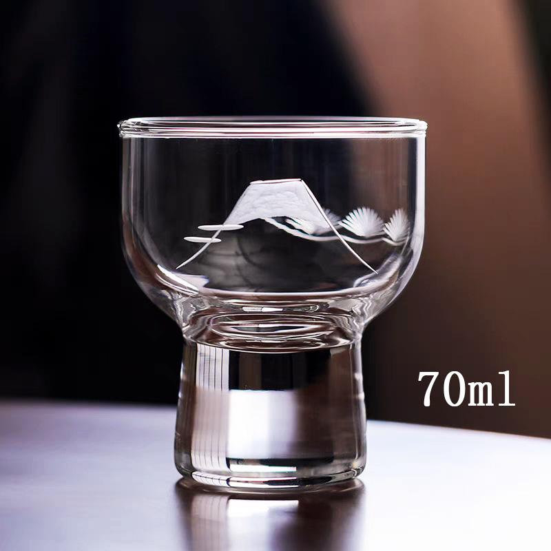 

Japanese Glass Sake Cup Hand Cut Fujiyama Design Bamboo Plum Pattern with Wooden Box 51-100ml