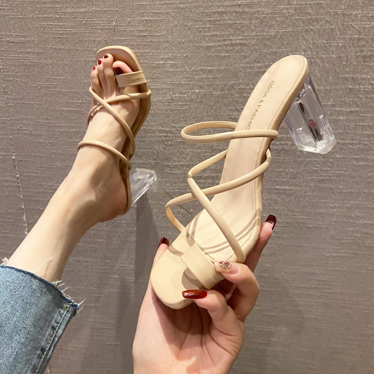 

2025 Summer New Transparent High Heels, Women s Flip-flops with High Heels, Wear Crystal Heel Chunky Sandals, Women s Style 40